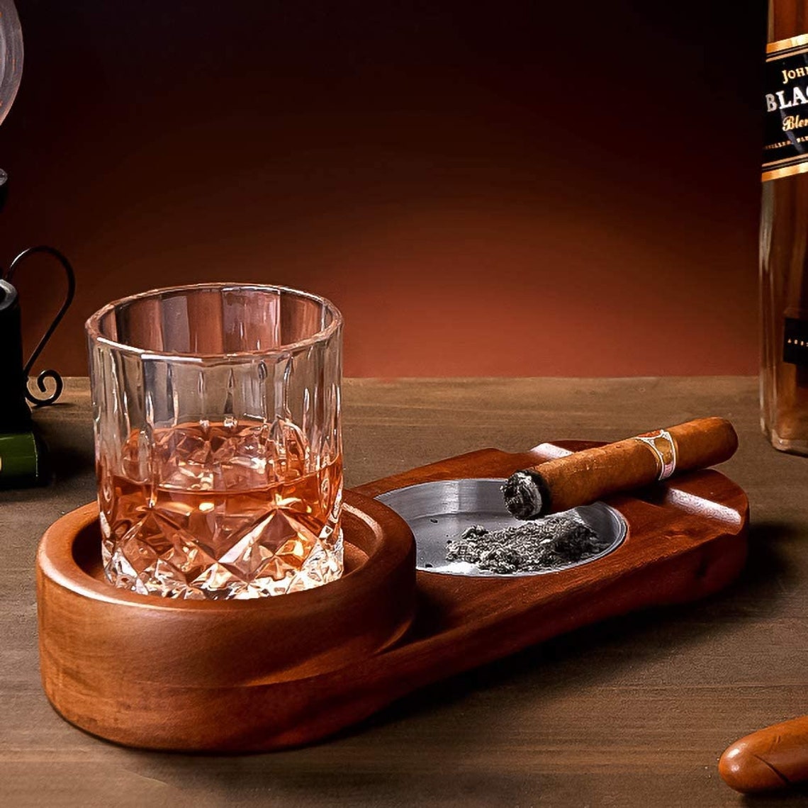Cigar Ashtray Coaster/whiskey Glass Tray And Cigar Holder Etsy