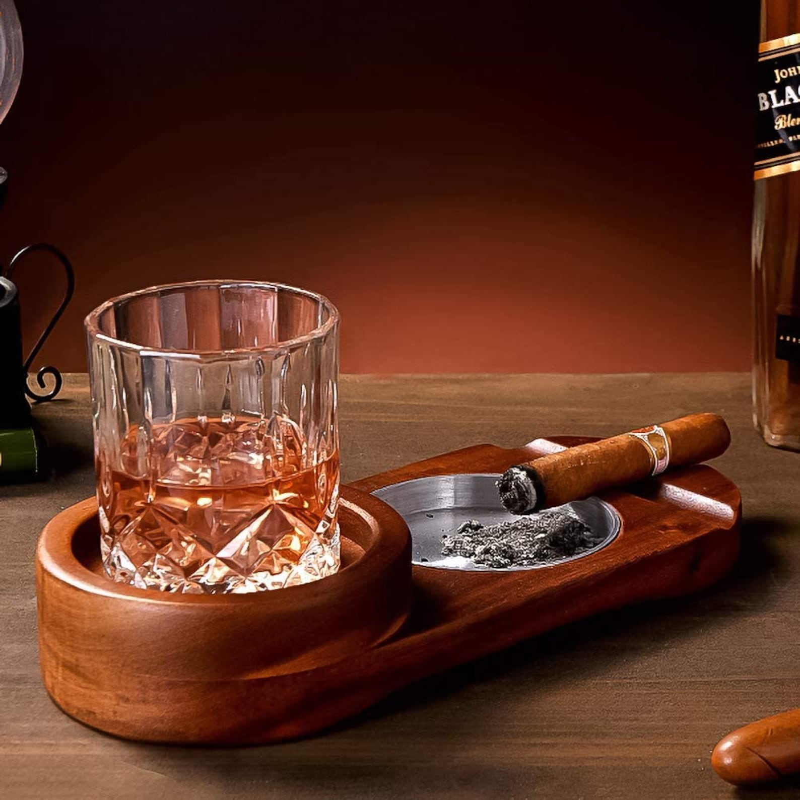 Cigar Ashtray Coaster/whiskey Glass Tray And Cigar Holder Etsy