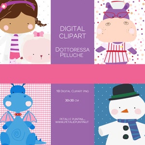 Puede incluir: Un conjunto de 10 imágenes de clipart digital que presentan varios personajes, incluyendo un doctor, un hipopótamo, un dragón y un muñeco de nieve. Las imágenes son de estilo de dibujos animados y son perfectas para usar en proyectos digitales.