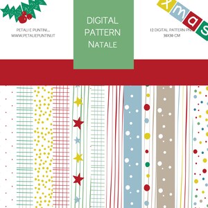 Può includere: Un set di 12 pattern natalizi digitali in formato PNG, ognuno misura 30x30 cm. I pattern presentano una varietà di design festivi, tra cui stelle, strisce, pois e fiocchi di neve. I pattern sono perfetti per aggiungere un tocco di allegria natalizia ai tuoi lavoretti, scrapbooking e altri progetti creativi.