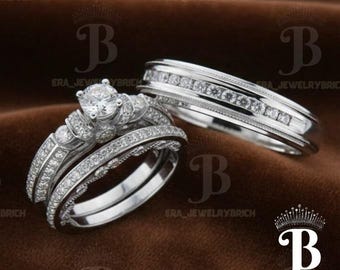 14k White Gold Finish Simulated Diamond Wedding His & Her Trio Set Bridal Engagement Ring, Couple's Anniversary Gift For Her and Him