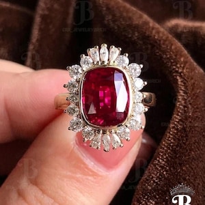 3Ct Cushion Red Ruby,Halo Cocktail Ring,Engagement Ring,Gift For Her, 925 Sterling Silver,14K Yellow Gold Finish, Christmas Minimalist Ring