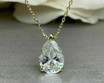 2Ct Pear Cut Lab-Created Diamond Solitaire Pendant,Wedding Gift Chain 925 Sterling Silver 14K Yellow Gold Finish