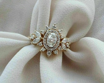 2Ct Oval Cut Diamond Halo Engagement Ring 14K Yellow Gold Plated