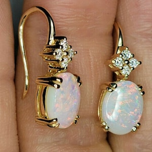 2 ct Oval Cut Opal & Diamond Drop/Dangle Earrings 14k Yellow Gold Finish For Women&#39;s