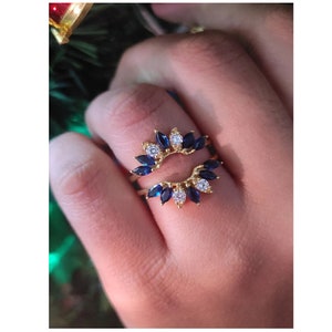 Sapphire & White Diamond 14K Yellow Gold Finish Flower Ring Enhancer for Wedding Anniversary Ring , Valentines day Gift For Her