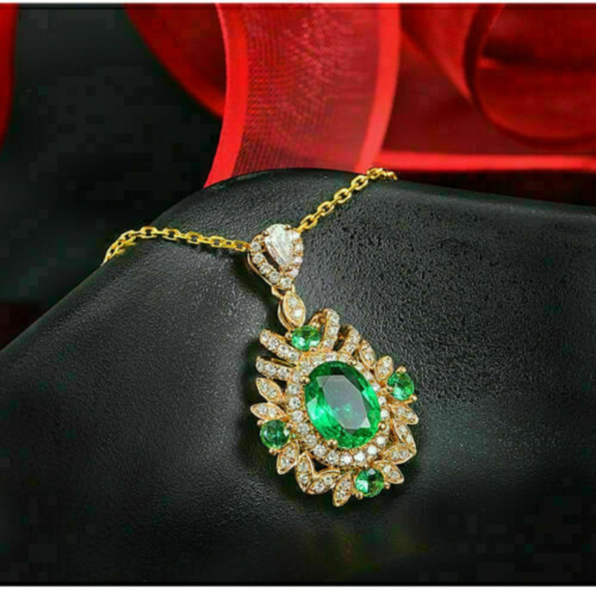 14K YELLOW OR ROSE GOLD 1/2CT OVAL EMERALD AND HALO DIAMOND PENDANT W/18" CHAIN 