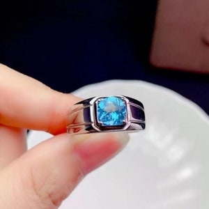 Blue Topaz Mens Ring,925 Sterling Silver Engagement Ring For Men Gemstone Ring,7mm 1.50ct Topaz Mens Wedding Ring ,14K White Gold Finish