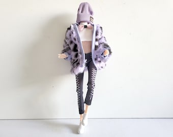 Ensemble Barbie, tenue de poupée, vêtements tendance, rose, veste en fourrure, Leggings, bonnet, haut de poupée