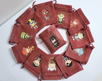 Gastgeschenk kindergeburtstag geschenk tüten 12 stofftaschen mit helden mitgebsel leinensack