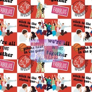 May include: A red and white checkered background with a repeating pattern of text, images, and logos. The text includes "We're all in this together", "Getcha head in the game", "Stick to the status quo", and "Fabulous New Mexico". The images include a basketball, a ladder, and a group of people jumping. The logos include a red and white wildcat head with the text "Wildcats".