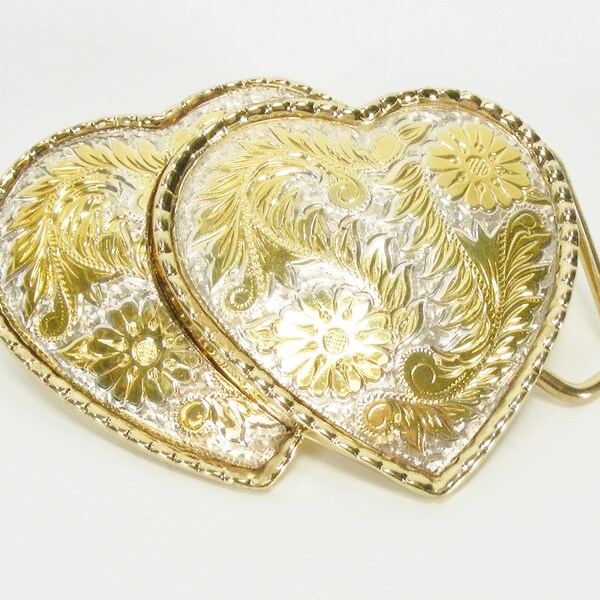 Rockmount ~ Two Hearts ~ Fibbia per cintura floreale in stile occidentale Vintage 1980s Nuovo