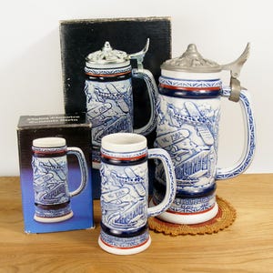 1981 Avon “Flying Classics” Ceramic Stein & Matching Mini Beer Stein Boxed