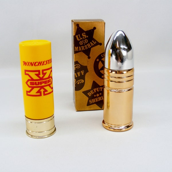 Wild West Bullet Decanter and Winchester Good Shot Shotgun Shell ,  Avon 1977 Empty Decanters