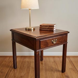 May include: A square wooden end table with a single drawer featuring a brass pull handle and fluted legs. On top sits a brass table lamp with a beige fabric shade and a stack of three brown books titled Minimalist Design, Color and Light, and Architectural Form.