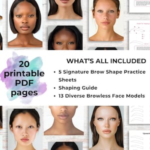 Puede incluir: Una descarga digital de 20 páginas PDF imprimibles para practicar el modelado de cejas. La descarga incluye 5 hojas de práctica de formas de cejas de firma, una guía de modelado y 13 modelos de rostros diversos sin cejas.