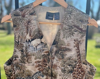 Vintage 90s Leather Leopard Print Vest,90s Safari Vest,vintage