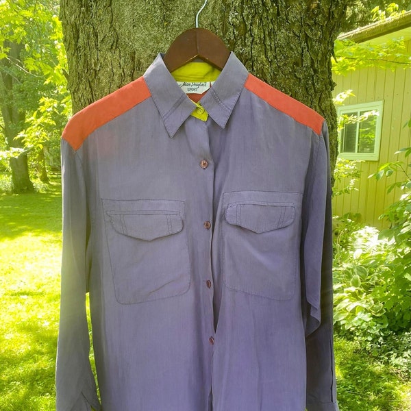 Vintage Women's Adam Douglass Buttoned Silk Color Block Shirt Blouse Size Small