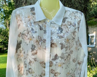 Badgley Mischka American Glamour Floral Sheer Sleeve Button Up Blouse, Women's Sequin Long Sleeve Blouse Size Large