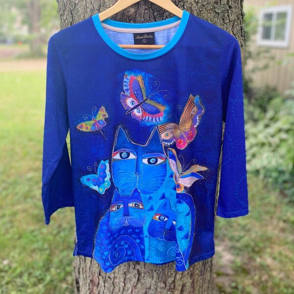 Women's Laurel Burch Indigo Cats 3/4 Sleeve T-Shirt Pullover, Cat Lover Gift
