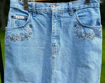 Women's Vintage Embroidered Denim Skirt, Floral Embroidery Jean Pencil Skirt