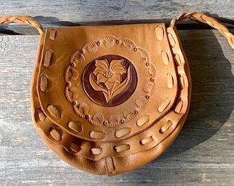 Vintage Girls Small Leather Shoulder Bag, Floral Embossed Purse