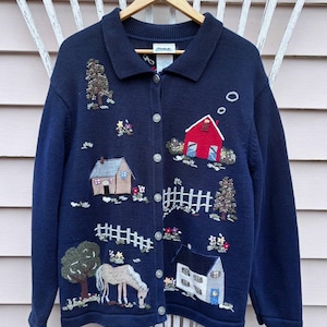 Pull vintage NORTHERN REFLECTIONS, scène de ferme brodée pour femme, cardigan cottagecore, taille L