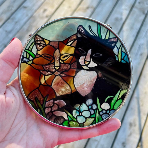 Vintage Joan Baker Designs Hand Painted Tiffany Cats Stained Glass Suncatcher, Vintage Cat Decoration