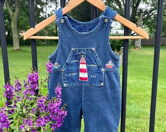 Vintage Baby Boy La Compagnie Des Petits Denim Overalls, Baby Nautical Theme Dungarees Size 6 Months