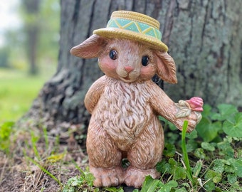 Vintage Ceramic Rabbit Figurine, Bunny Holding Flower Sculpture, Garden Decoration