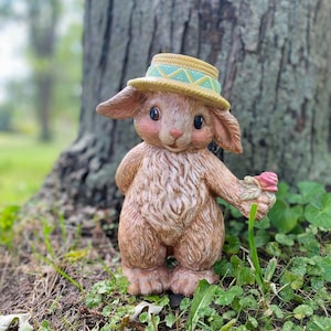Vintage Ceramic Rabbit Figurine, Bunny Holding Flower Sculpture, Garden Decoration