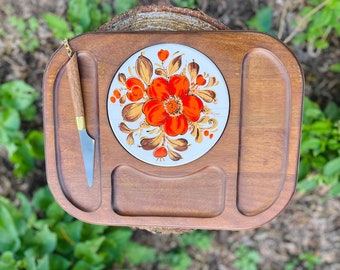 Vintage 1970's Wooden Cheese Tray with Attached Knife, Wooden Cheese Platter, Charcuterie Board