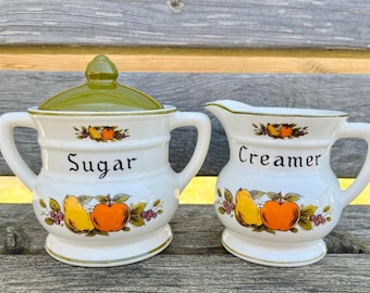 Vintage Ceramic Creamer and Sugar Bowl with Lid Set, Vintage Cottage Farmhouse Kitchen Decor