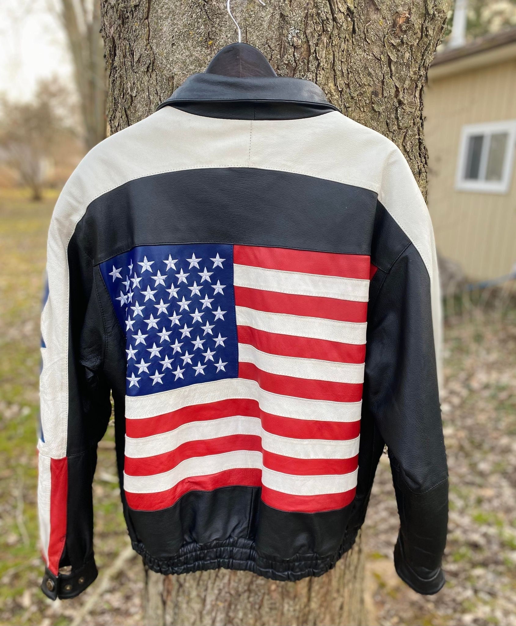 Vintage USA American Flag Leather Zip Up Lined Jacket, Patriotic Biker  Jacket Size Large