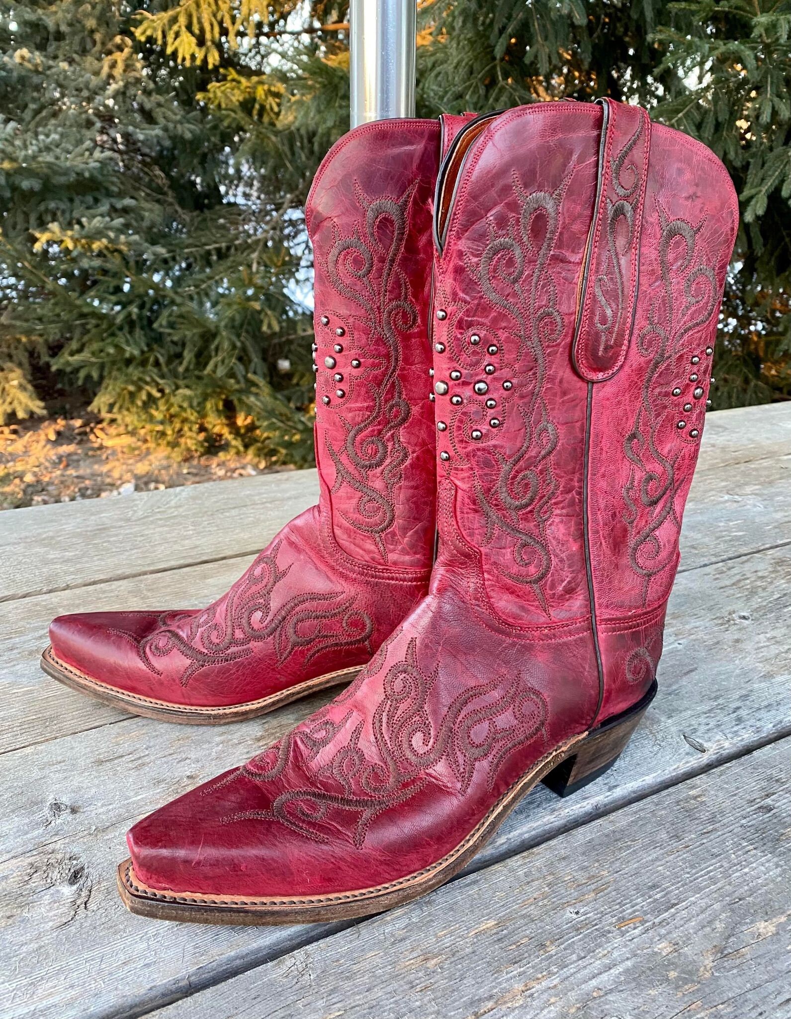 Women's 1883 Lucchese Leather Cowboy Boots, Red Burnished Goat Studded Western Boots