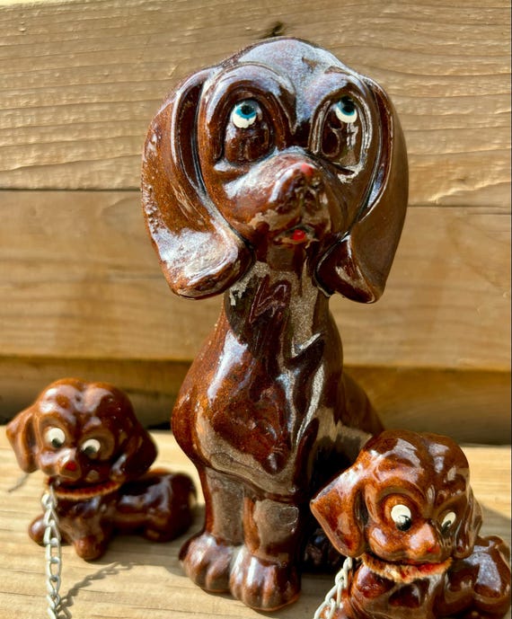 Vintage 1950's Ceramic Chained Dog and Puppies Figurines Made in