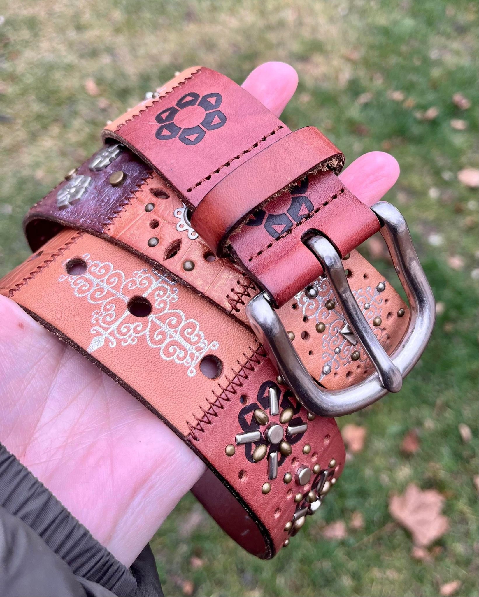 Fossil Genuine Leather Bohemian Laser Cutout Studded Belt size L Fossil Leather Bohemian Belts for Women for sale | eBay main image 3