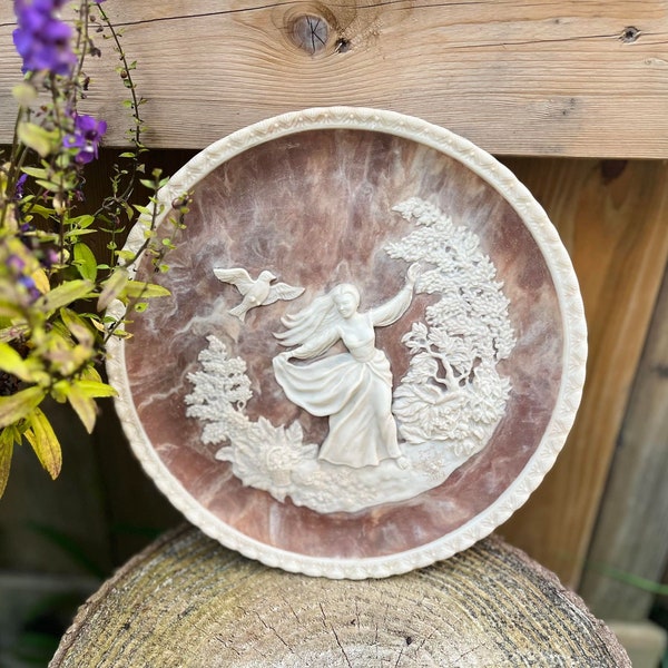 Vintage 1979 "To a Skylark" Carved Incolay Stone Plate, The Romantic Poets Series Collectible Plate by Gayle Bright Appleby