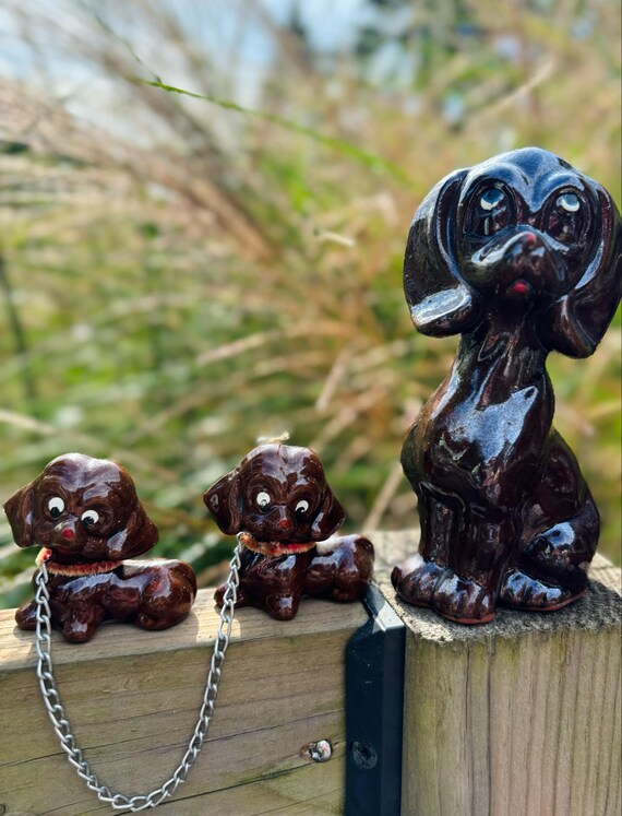 美品 レア ハンドメイド CMIELOW チミエルフ 犬 置物 黒 Vintage 1950's Ceramic Chained Dog and Puppies Figurines Made in