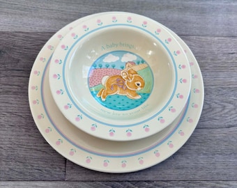 Juego de plato y cuenco de cerámica vintage de la colección Hallmark Baby Heirloom, 1984, fabricado en Japón. Regalo de Pascua para bebé.