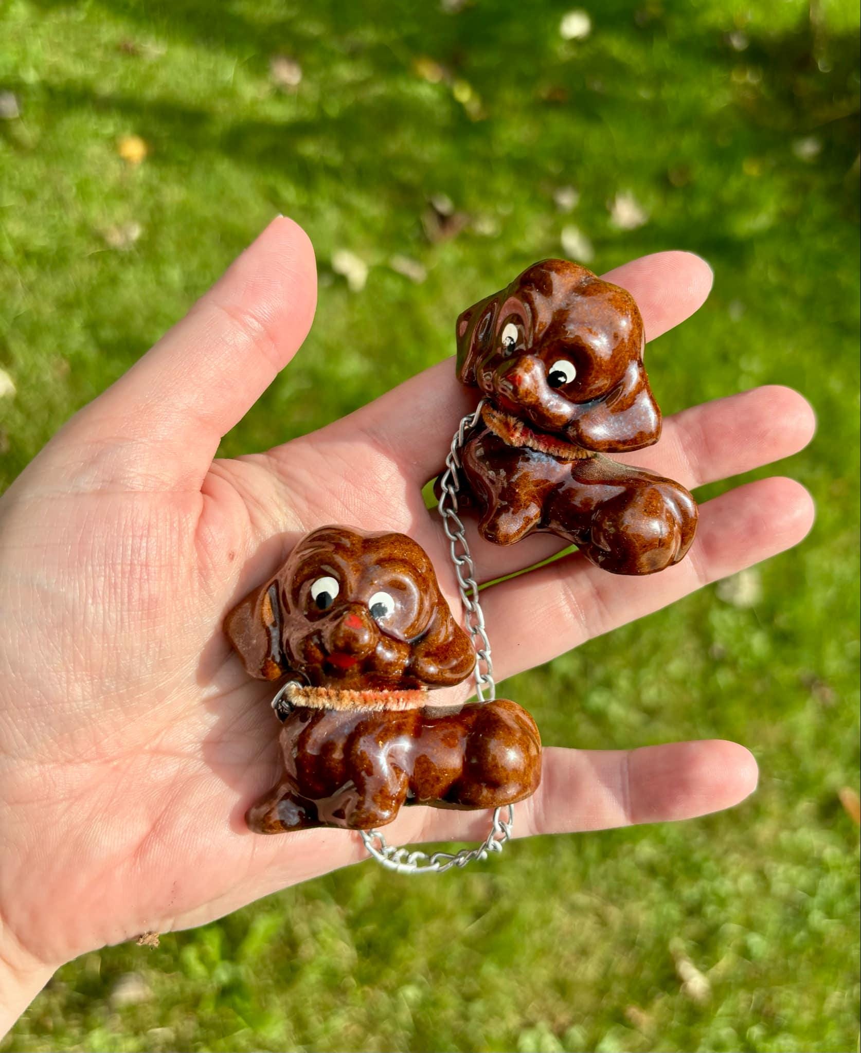 Vintage 1950's Ceramic Chained Dog and Puppies Figurines Made in