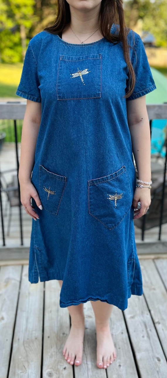 Women's Vintage RAMA OF U.S.A Denim Summer Dress Size Medium, Vintage Embroidered Dragonfly Jean Dress Made in USA