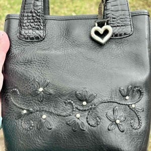 Vintage BRIGHTON Embroidered Floral Black Leather Mini Tote Handbag image 5