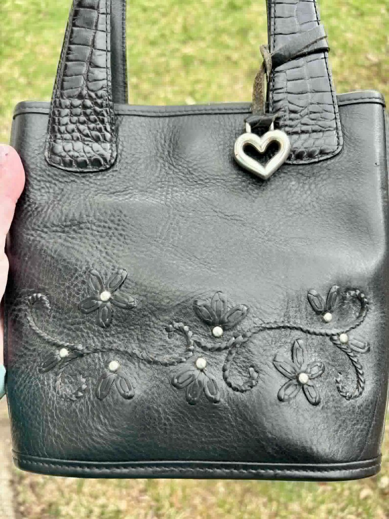 Vintage BRIGHTON Embroidered Floral Black Leather Mini Tote Handbag image 5