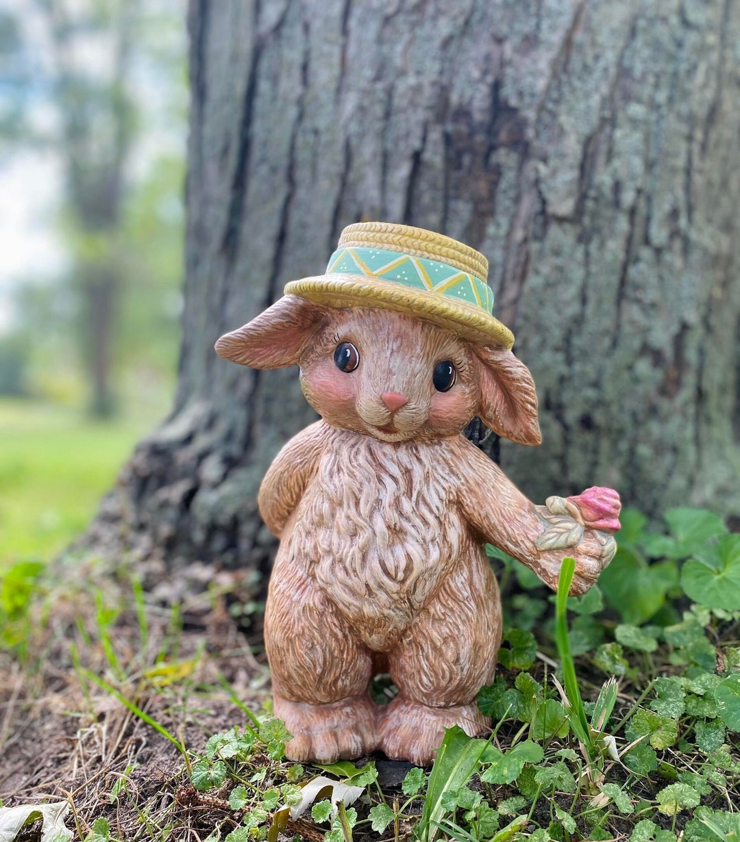 Vintage Ceramic Rabbit Figurine, Bunny Holding Flower Sculpture, Garden ...