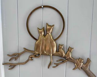 Vintage Brass Cat Family Wall Hanging, Vintage Cat Wall Decor