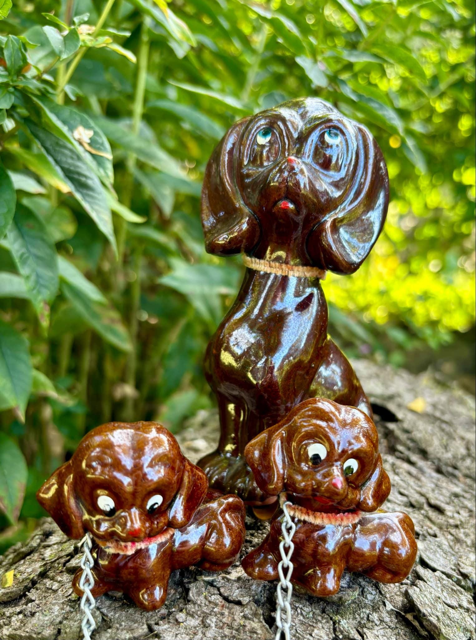 Vintage 1950's Ceramic Chained Dog and Puppies Figurines