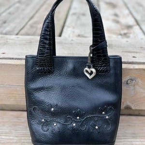 Vintage BRIGHTON Embroidered Floral Black Leather Mini Tote Handbag image 10