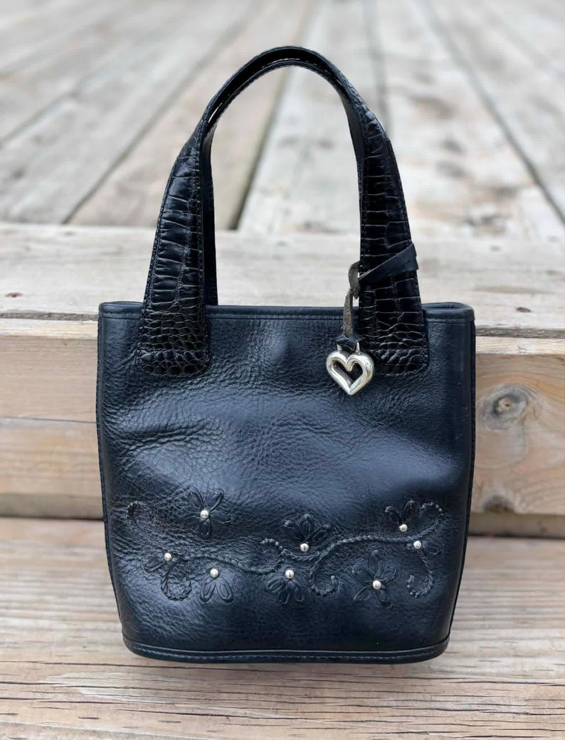 Vintage BRIGHTON Embroidered Floral Black Leather Mini Tote Handbag image 10