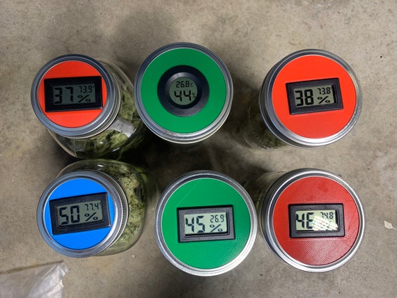 Cannabis Storage and Curing Jar Lids with food-safe silicone gaskets and Digital Hygrometers